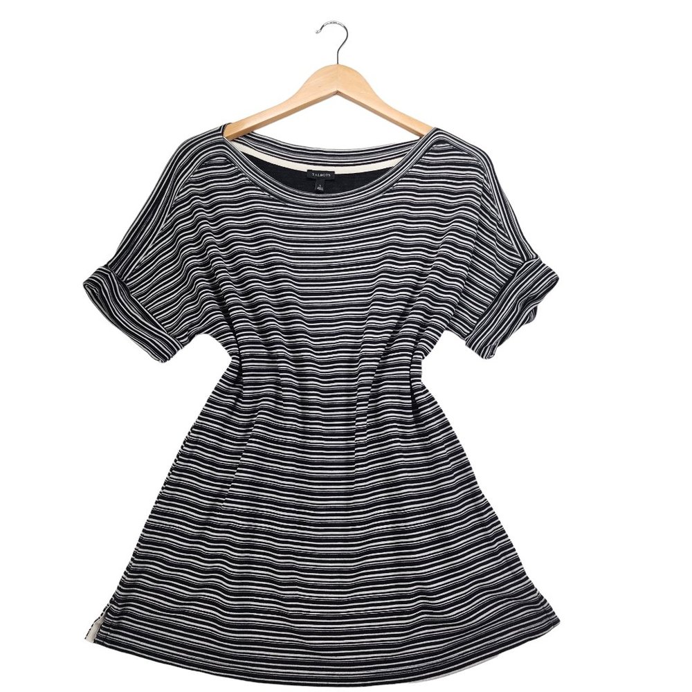 Talbots Striped Tunic Top Shirt Large Black and White Short Sleeves